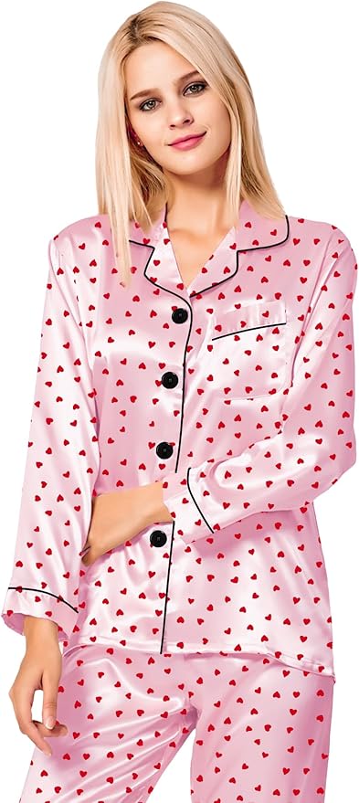 SWOMOG Womens Silk Satin Pajamas Set Long Sleeve Button Down Sleepwear 2 Piece Lounge Set Pj Set XS-3XL