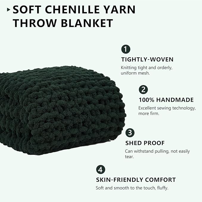 L'AGRATY Chunky Knit Blanket Throw: 50''x60'' Chenille Chunky Knitted Throw Blankets for Bed Couch - Handmade Thick Cable Knit Blanket - Large Crochet Rope Blankets for Home Decor(Olive Green)