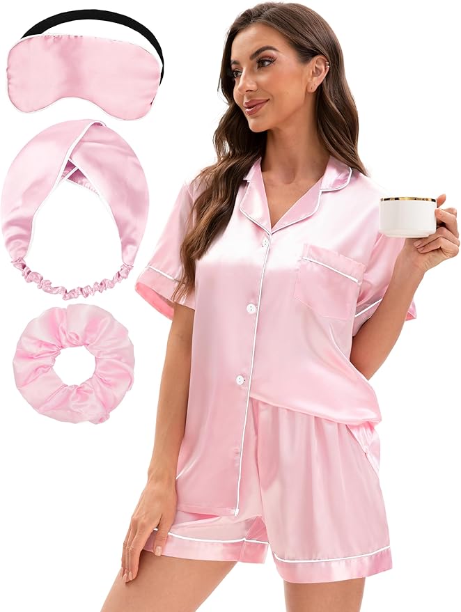 EPLAZA Silk Pajamas for Women Satin Pajamas Set 5 Pcs Long Sleeve Print Pattern Button Down Pjs Sleepwear Loungewear Set