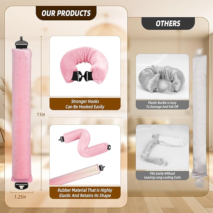Heatless Curls Overnight Rods Jumbo Set, Heatless Hair Curler Velvet Satin Jumbo Flexi Rods to Sleep in, No Heat Overnight Sleeping Blowout Curls Wave Styling Tools with Silk Scarf 4pcs Pink