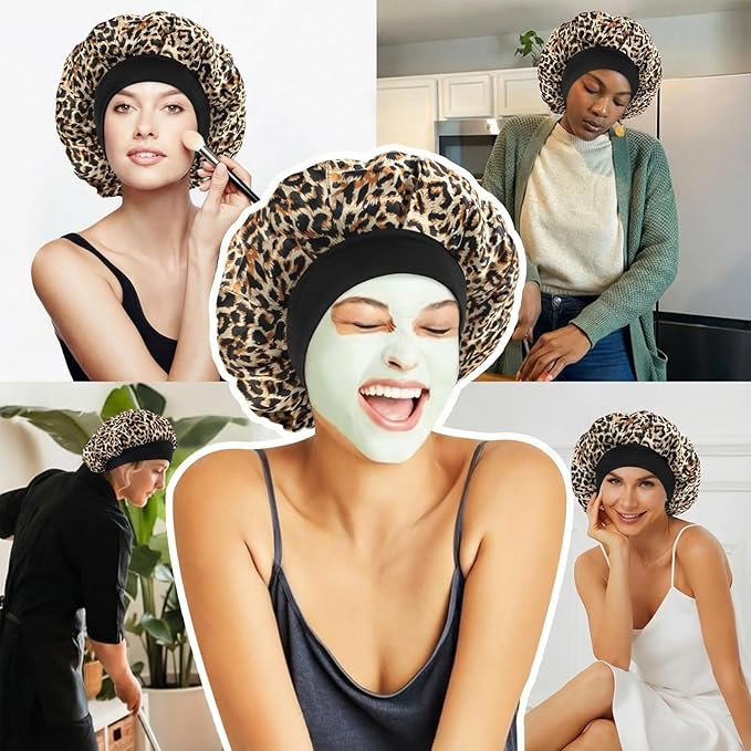 4Pcs Satin Bonnet Silk Bonnet, Hair Bonnet for Sleeping, Elastic Wide Band Silk Sleep Cap, Soft and Breathable(Leopard Print*4)
