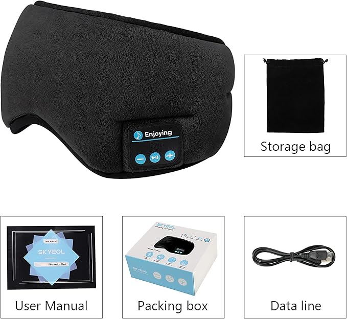 Wireless Sleep Mask,SKEYEOL Sleep Headphones,Adjustable&Washable Music Travel Sleeping Headset with Built-in Speakers Microphone Hands-Free for Air Travel,Siesta and Sleeping