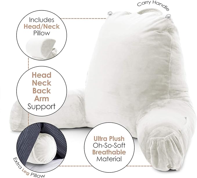 Clara Clark Reading Pillow with Shredded Memory Foam Includes 2 Neck and Lumber Support Pillows, Designed for Sitting Up in Bed and Couch, Back and Arms Adjustable Support for Adults & Teens, White