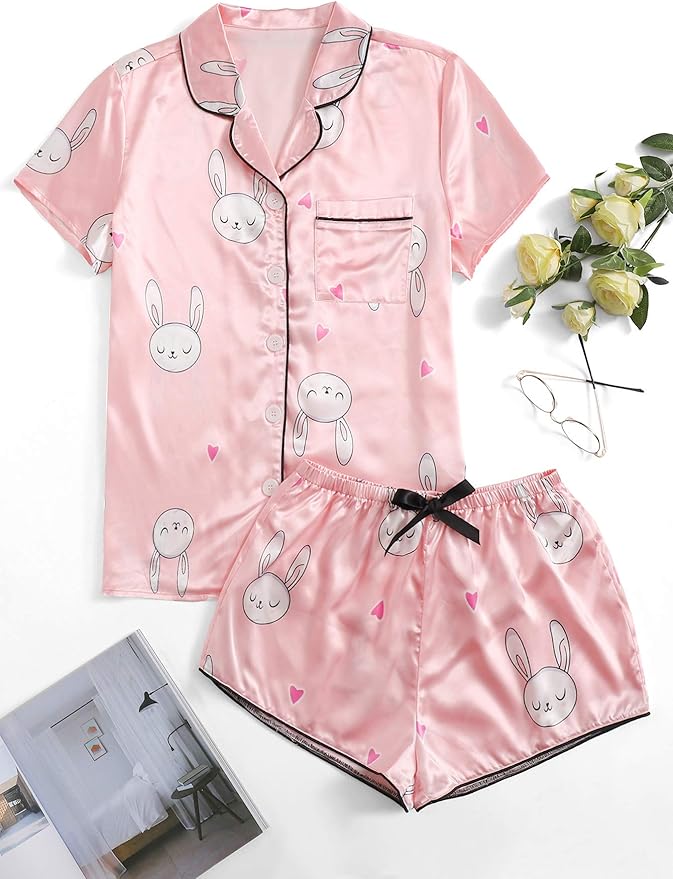 WDIRARA Women's Sleepwear Satin Short Sleeve Shirt and Shorts Pajama Set