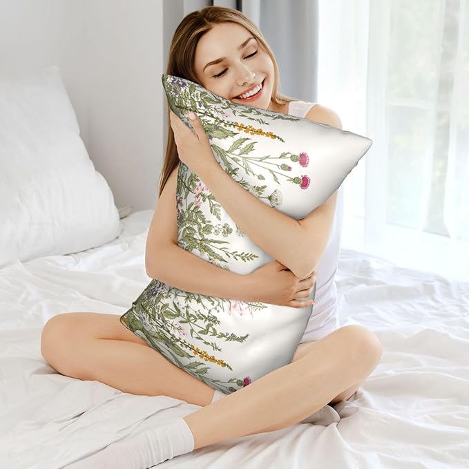 Silk Like Pillowcase for Hair and Skin Herbs and Wildflowers 1 Pack Satin Pillowcase with Hidden Zipper Soft Breathable Smooth Cooling Pillow Cover King Size for Bedroom Sofa 20”x36”