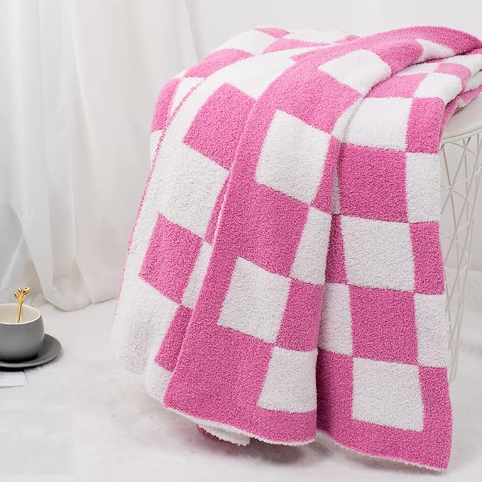 Carriediosa Checkered Throw Blanket 60" X 80" Twin, 400GSM Ultra Soft Microfiber Fuzzy Fluffy Reversible Cute Preppy Knitted Blankets Cozy Plush Fall Throws for Couch, Bed, Sofa, Hot Pink