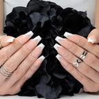 Hypnaughty 24 Pcs Modern White French Coffin Press On Nails with Design and Glue Medium Long Glue on Nails Nude Color False Nails (Modern White French)