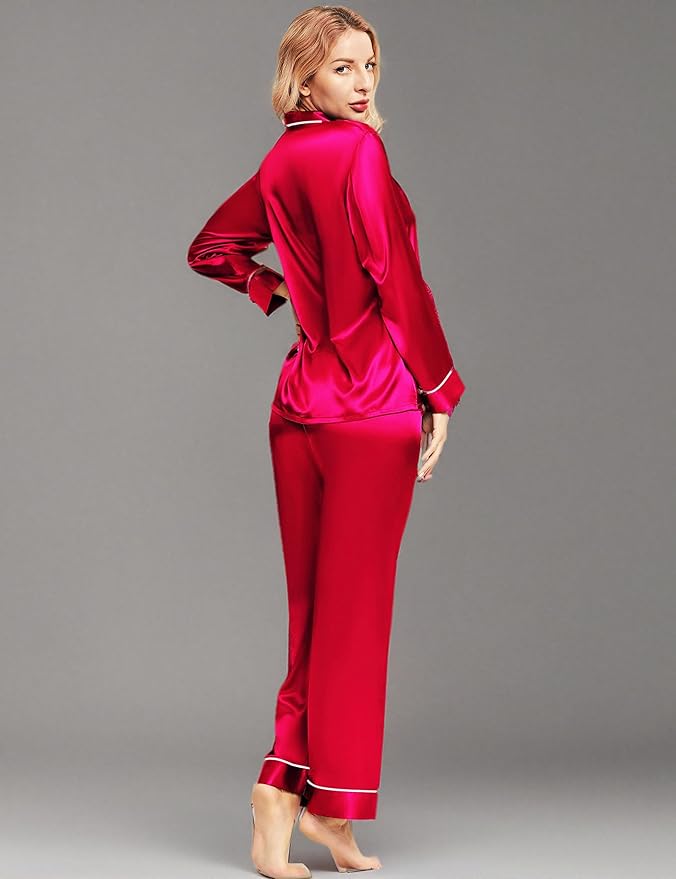 SIHA Satin Silk Pajamas for Women Pajama Set With Long Sleeve Button-Down Satin Pajamas Sleepwear XS-3XL