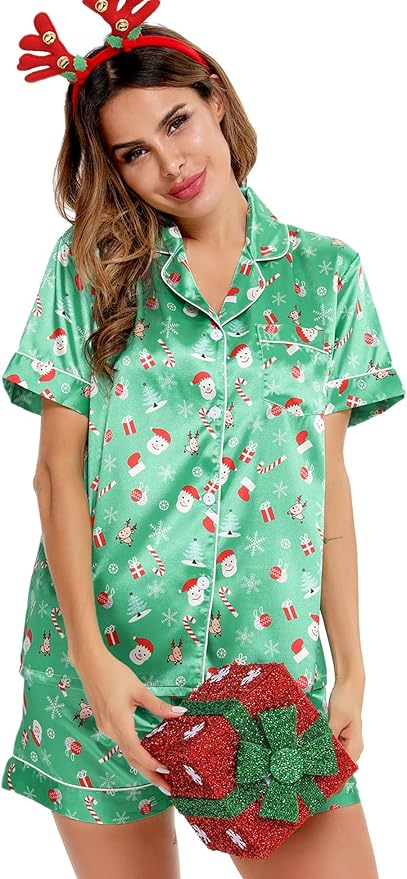 LecGee Womens Silk Satin Pajamas Short Sleeve Loungewear Two-Piece Sleepwear Button-Down Pj Set