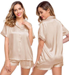 LecGee Womens Silk Satin Pajamas Short Sleeve Loungewear Two-Piece Sleepwear Button-Down Pj Set