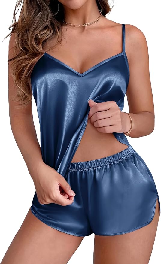 Ekouaer Silk Pajamas Set for Women Satin Camisole Sleepwear Lingerie V-Neck Cami Top and Shorts Pjs