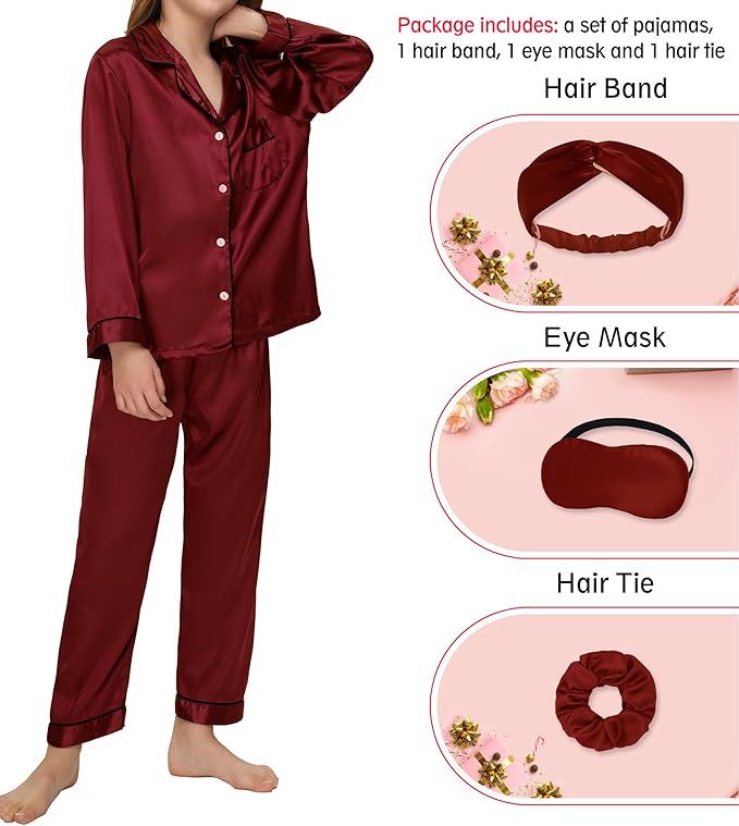 EPLAZA Kids Satin Pajamas Sets Girls Boys Button-Down Silky Pajamas Sleepwear with Hairband Eye Mask Hair Tie