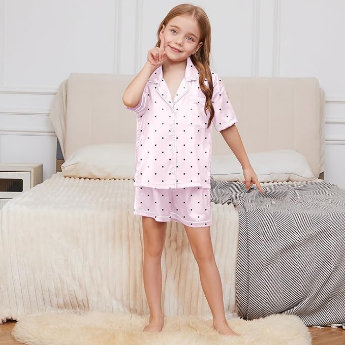QPANCY Kids Satin Pajamas Sets Baby Boy Girl Button-Down Silk Sleepwear 2 Piece Short Sleeve Loungewear Clothes Set