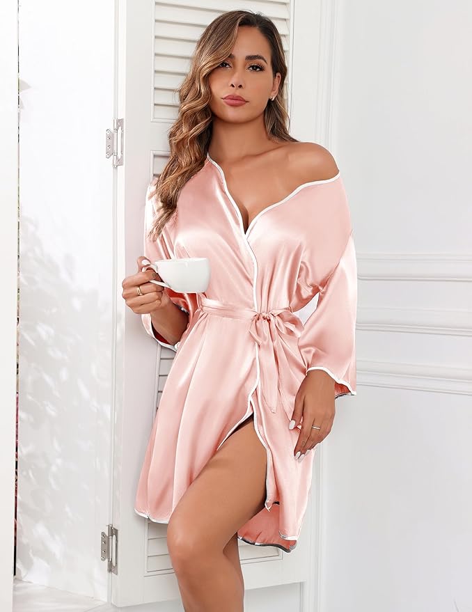 Ekouaer Women Silk Robes Short Satin Bathrobe 3/4 Sleeve Kimono Bride Robe Valentines Silky Sleepwear with Pockets S-XXL