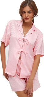 CHYRII Women's Silk Satin Pajamas Sets Tie Front Short Sleeve Tops and Shorts Two Piece Pj Sets Sleepwear