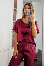 Ekouaer Womens Satin Silky Pajama Set Short Sleeve Shirt with Long Pajama Pant Set Soft PJ Loungewear