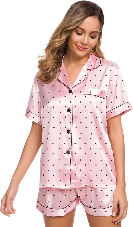 SWOMOG Womens Silk Satin Pajamas Set Short Sleeve Sleepwear Button Down Top and Shorts Loungewear 2 Piece Pjs Set XS-3XL