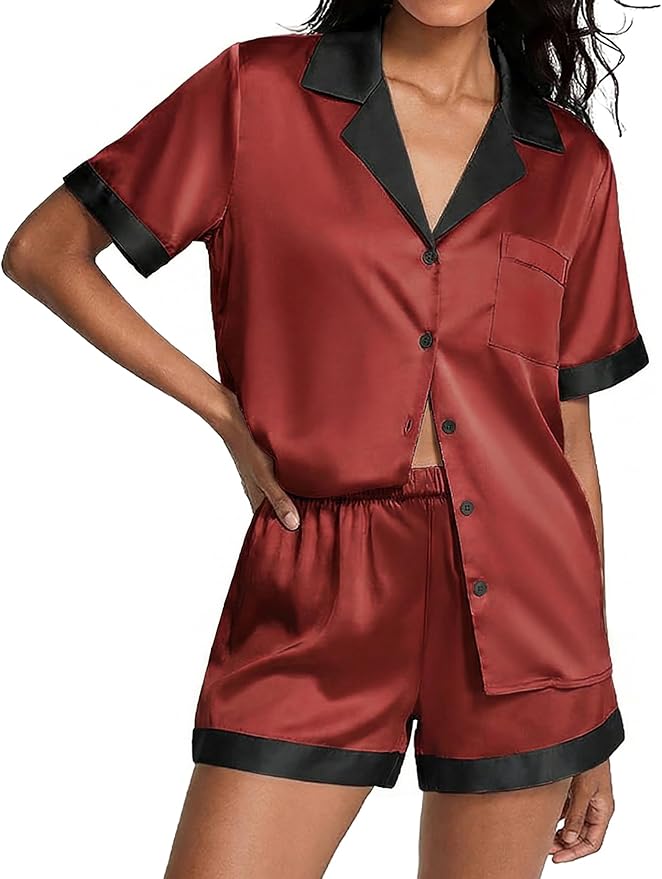 Ekouaer Womens Silk Satin Pajamas Set Short Sleeve Sleepwear Button Down Loungewear 2 Piece Pjs Shorts Set
