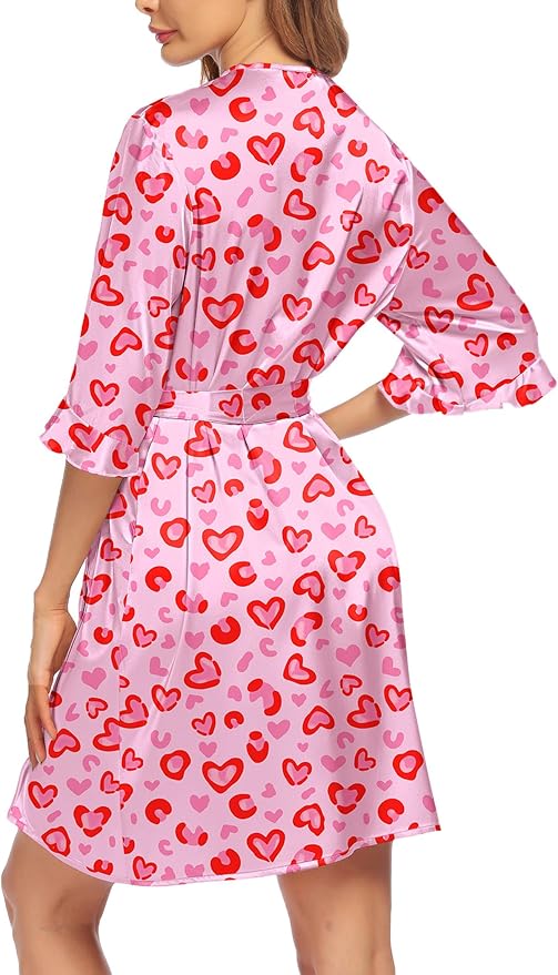 Ekouaer Women's Satin Robe Valentines Lingerie for Women Kimono Bathrobe Short Ruffle Belted Robes Bridesmaids Sleepwear