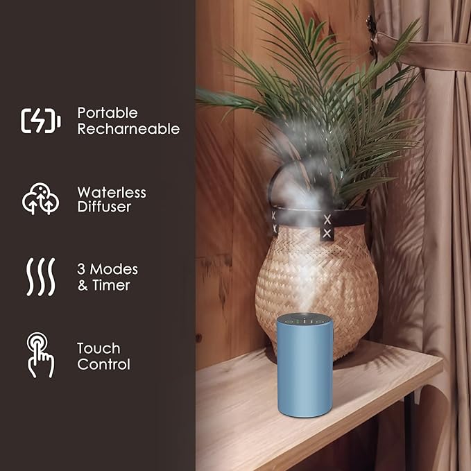 Waterless Essential Oil Diffuser, Battery Powered Mini Scent Air Machine, Aromatherapy Mist Diffuser for Home Room Car Office (Blue Aluminum Alloy)