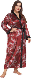 Womens Plus Size Silky Satin Kimono Robe Floral Long Bathrobe Wedding Sleepwear Dressing Gown