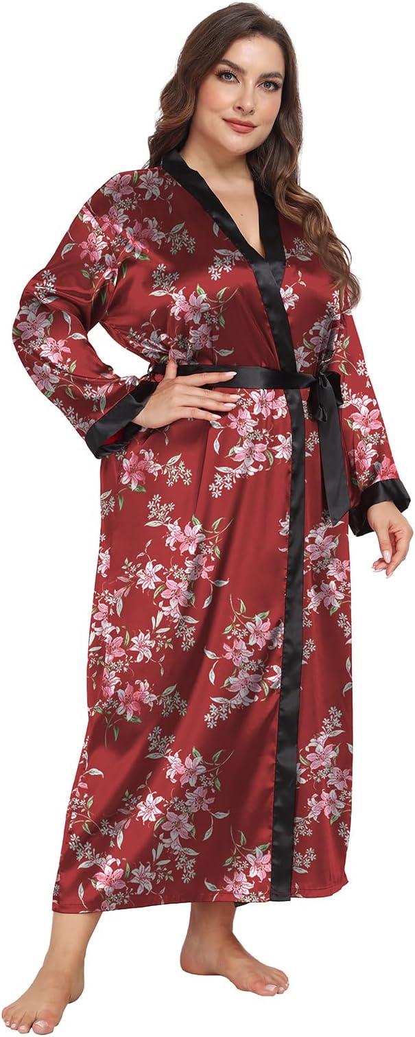 Womens Plus Size Silky Satin Kimono Robe Floral Long Bathrobe Wedding Sleepwear Dressing Gown