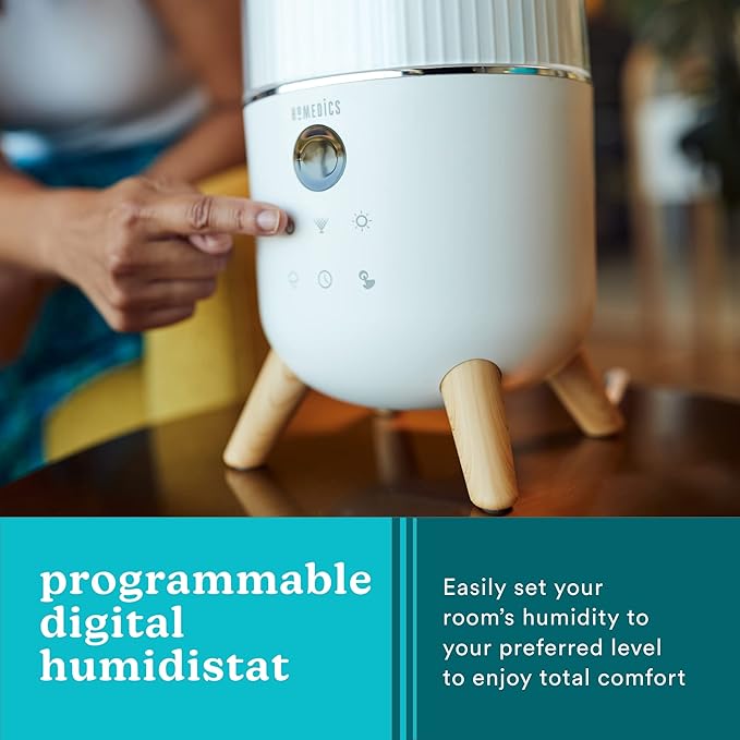 Homedics Ultrasonic Humidifier - Large Deluxe Air Humidifiers for Bedroom, Plants, Office - Top-Fill 1.47-Gallon Tank, Cool Mist, Essential Oil Pads and Built-In Timer, 3 Speed Settings, White