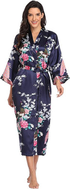 Valennia Women Long Silky Bathrobe Satin Kimono Robe Floral Printed Dressing Gown Sleepwear