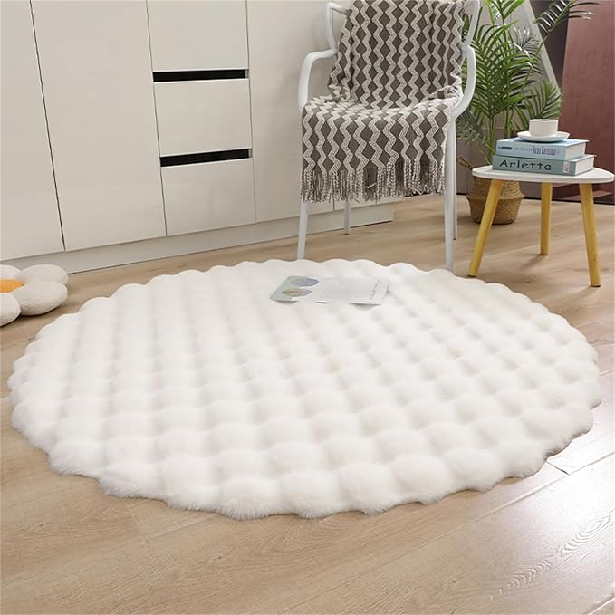 ABREEZE Faux Rabbit Fur Rug 4FT, White Fluffy Soft Area Rug Round Fuzzy Carpet for Living Room, Bedroom, Machine Washable Shaggy Nursery Rug