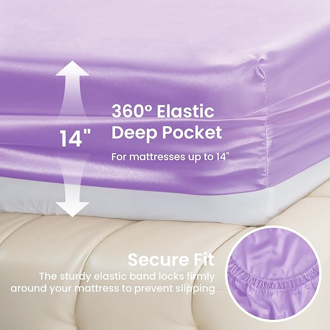 Love's cabin 4Piece California King Satin Bed Linen Set, Lavender Silky Satin Sheets, Deep Pocket, Luxury Silk Feel, 1 Flat, 1 Fitted Sheet, 2 Pillow Cases
