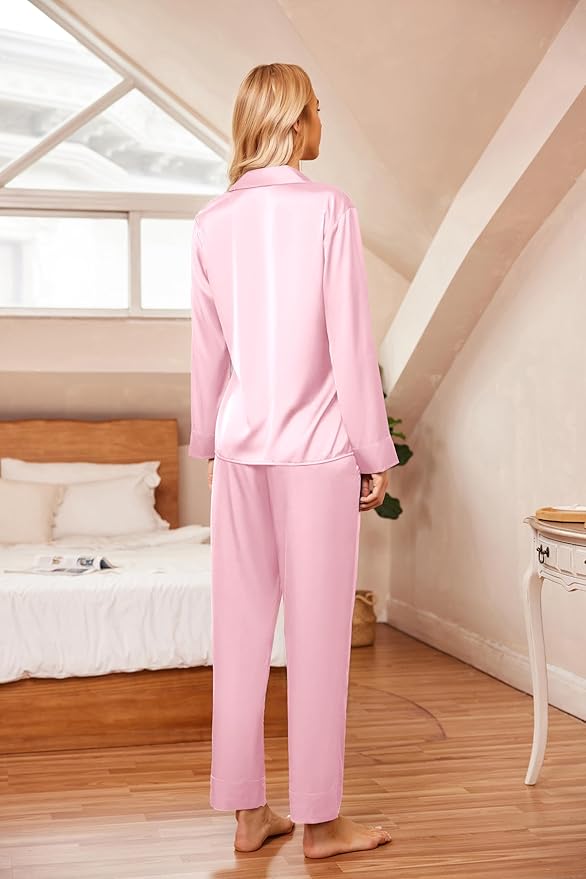 Ekouaer Women Satin Silk Pajamas Classic Long Sleeve Button Down Pjs Set Soft Loungewear