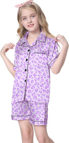 Umeyda Women & Girls Pajamas Set, Soft Satin Lightweight Silk Button-Down Top with Shorts 2 Piece PJS for Mom Boys Kids Gifts
