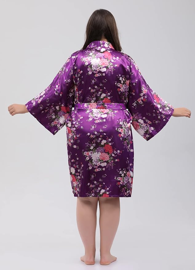 QXQTER Peony Floral Silky Satin Robe Wedding Bridal Party Bride Bridesmaid Robes for Women Dressing Gown Kimono Robe