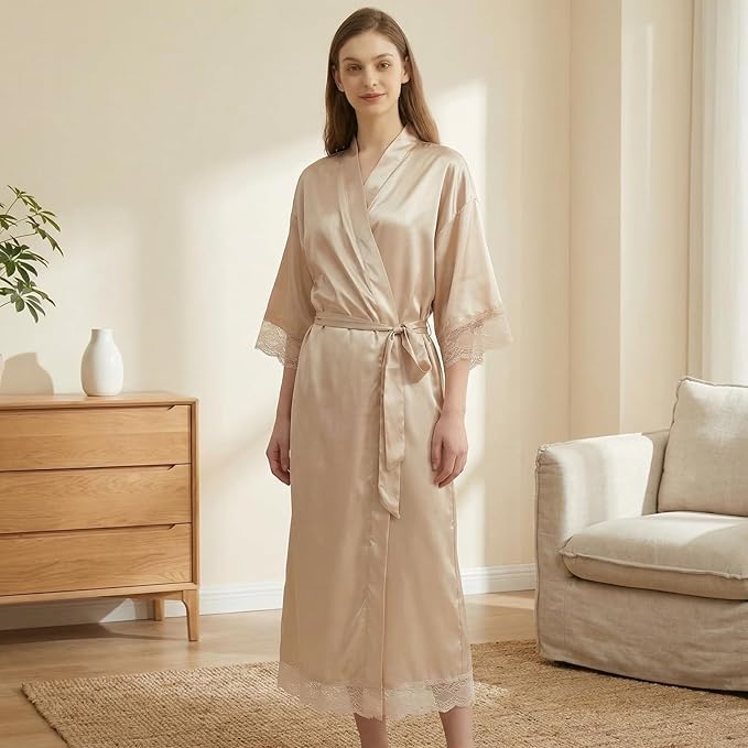 Long Satin Robes for Women Ankle Length Kimono Robes Silky Bridal Party Robes with Lace Trim Bridesmaid Loungewear Sleepwear