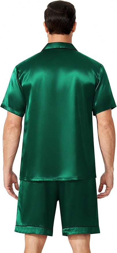 Ekouaer Mens Pajamas Set Silk Satin Sleepwear Short Sleeve Button Down Pjs Set 2 Piece Loungewear with Pockets S-XXL