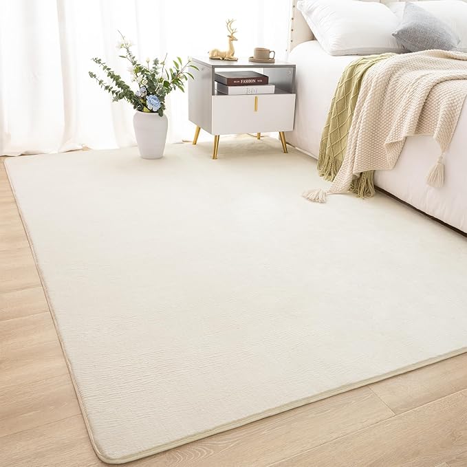 Softlife 4x6 Area Rug for Bedroom Living Room, Solid Non-Slip Fluffy Carpet with Soft Low Pile for Kids Boys Girls, Machine Washable Fuzzy Aethetic Rugs Home Dorm Decor, Creamy White