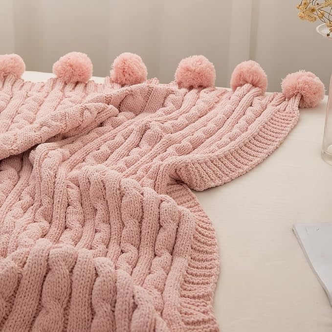 ATMOSURELY Ultra Soft Pink Chenille Cable Knit Throw Blanket with Handmade Pom Poms Cozy Fluffy Knitted Blanket Lightweight Warm Woven Farmhouse Blanket for Bed Sofa Couch 50x60 Inches (Pink)