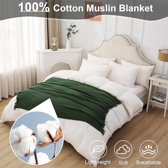 Cotton Muslin Throw Blanket with Tassels, Lightweight Woven Gauze, Pre-Washed Breathable Farmhouse Decor for Bed, Couch, All-Season Use (Olive Green, 50" x 60")