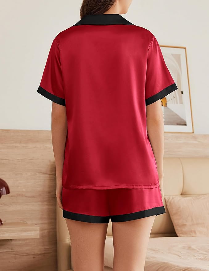 Ekouaer Womens Silk Satin Pajama Set Short Sleeve PJs 2 Piece Button Down Top and Shorts Notch Collar Sleepwear Sets Soft Pjs