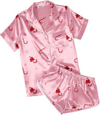 Ekouaer Womens Silk Satin Pajamas Short Sleeve PJS Shorts Set Soft Button Down Sleepwear 2 Piece Loungewear S-5XL