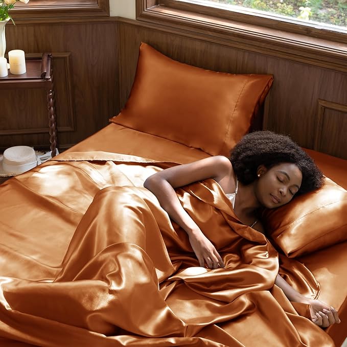 CozyLux Satin Sheets Full Size Sheets - 4 Piece Silky Full Size Bed Sheets, Luxury Terracotta Full Bed Set with Smooth and Soft Microfiber, Includes 1 Fitted Sheet, 1 Flat Sheet and 2 Pillowcases