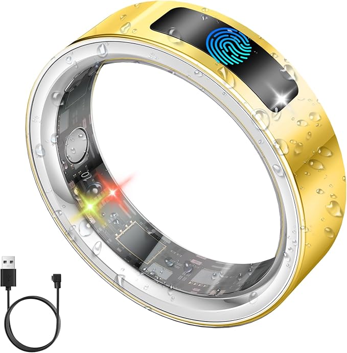 uaue Smart Health Ring for Women Men, Vibration Alert, Touch Control, Fitness Tracker Ring with Sleep/Women's Health/Heart Rate/Steps, IP68 Waterproof for iPhone and Android, Gold 9, No Subscription