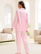 EPLAZA Silk Pajamas for Women Satin Pajamas Set 5 Pcs Long Sleeve Print Pattern Button Down Pjs Sleepwear Loungewear Set