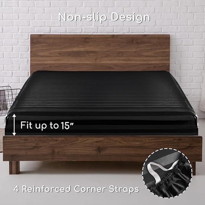 MR&HM Satin Bed Sheets, Queen Size Sheets Set, 4 Pcs Silky Bedding Set with 15 Inches Deep Pocket for Mattress (Queen, Black Striped)