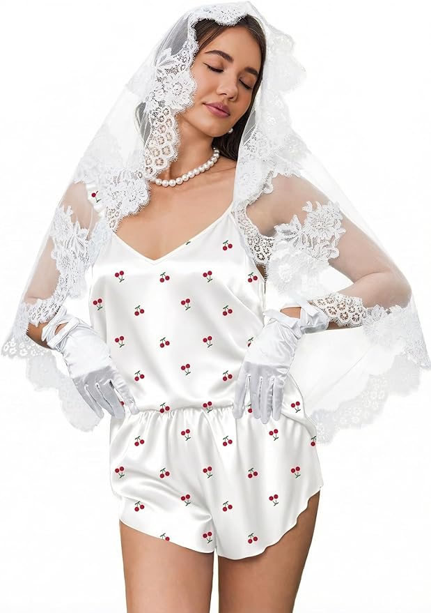 Ekouaer Satin Pajama Set for Women, Backless Silk Lingerie Pjs Back Tie-up Camisole Top and Shorts with Ruffle Sleepwear