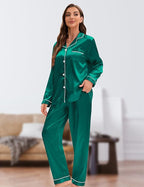 EPLAZA Silk Pajamas for Women Satin Pajamas Set 5 Pcs Long Sleeve Print Pattern Button Down Pjs Sleepwear Loungewear Set