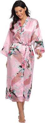 Valennia Women Long Silky Bathrobe Satin Kimono Robe Floral Printed Dressing Gown Sleepwear