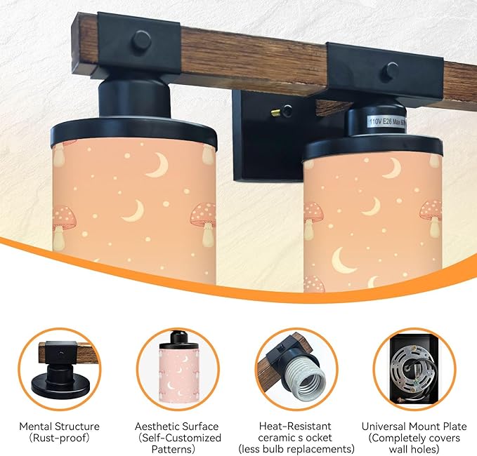 Vanity Lights for Bathroom Wall Lights for Bedroom Living Room Whimsical Pink Mushroom Crescent Moon Dots Modern Bathroom Light Fixtures Wall Sconces 3 Light Home Decor