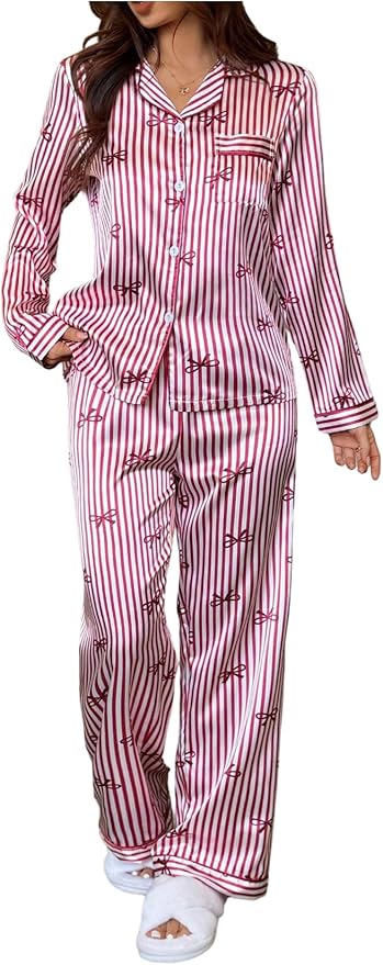 WDIRARA Women's 2 Piece Bowknot Print Satin Pajama Set Long Sleeve Button Down Lounge Pants Sleepwear Sets