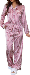 WDIRARA Women's 2 Piece Bowknot Print Satin Pajama Set Long Sleeve Button Down Lounge Pants Sleepwear Sets